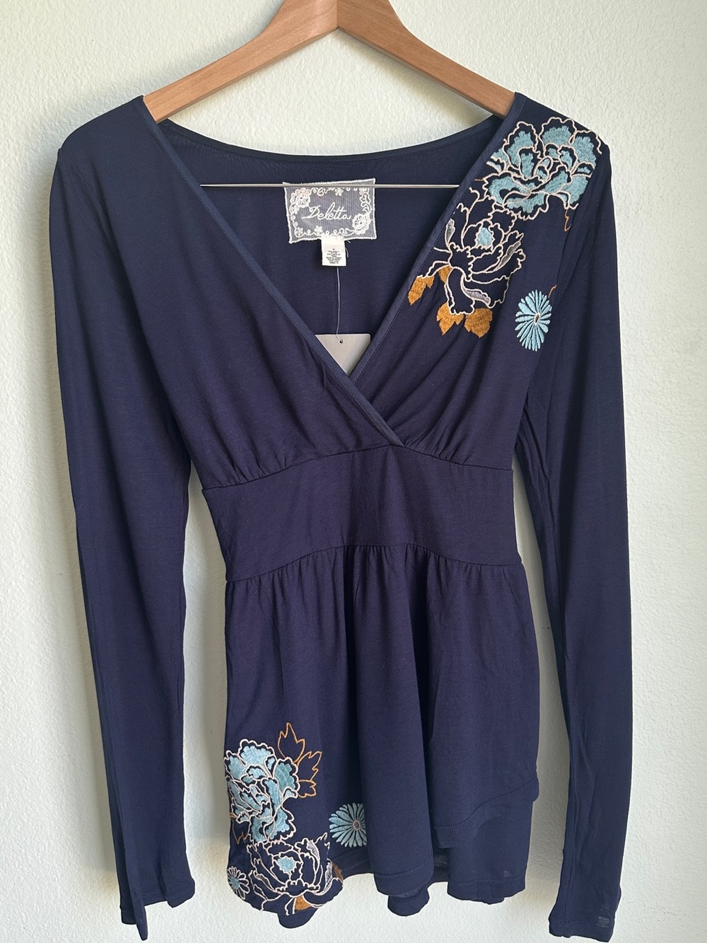 Anthropologie Deletta Embroidered Navy Wrap Tunic Top M NWT